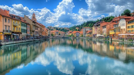 Obraz premium Canal-side town, summer reflections, bustling waterfront, hilltop views, tourism