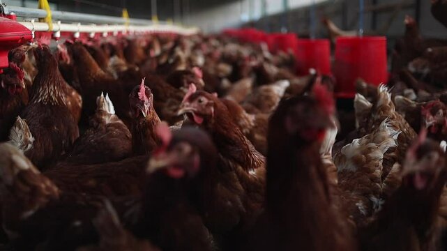Focus shifts between individual brown chickens in commercial barn