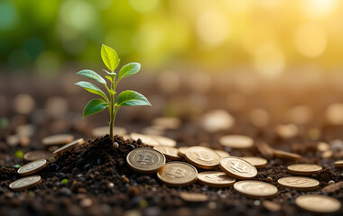 Plant and coins business and investment concept, finance allocation wealth concept and binary, crypto currency investment and saving concept  