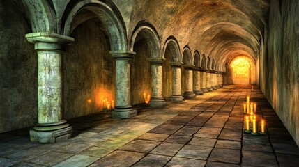 Fototapeta premium Dark stone corridor, candles, glowing exit, fantasy setting, game background