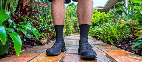 Man's feet in black socks and shoes on garden path