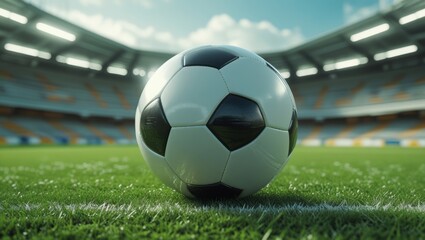 soccer ball on the field in a stadium.