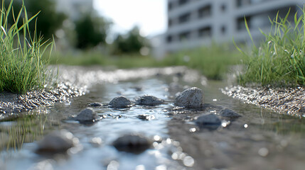 Fototapeta premium City puddle, stones, grass, urban background, nature
