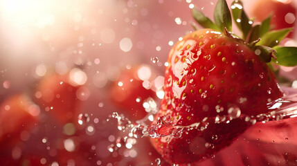 Fresh strawberries splashing in water with a soft bokeh background, evoking a refreshing summer vibe