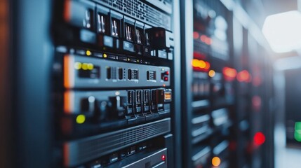 Close-up of server rack with lights. Illustrates data storage, network infrastructure, and technology.