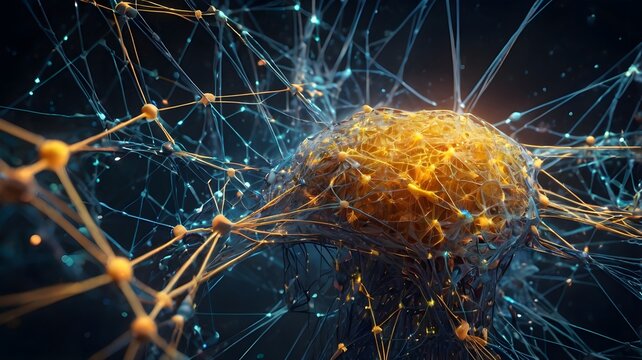 Neural network visualization with glowing connections, deep learning layers processing massive data sets, and futuristic AI models at work.

