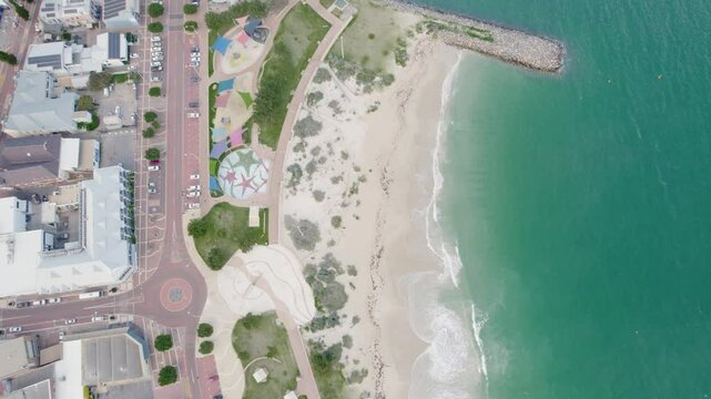 Above View Of Coastal Roundabout Over Geraldton In The Mid-West Region Of Western Australia. Aerial Topdown Shot