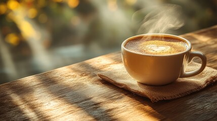 Warm cup of steaming coffee on wooden table with soft morning light and blurred background