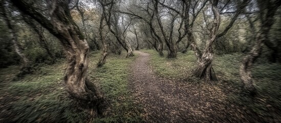Obraz premium Misty olive grove path; autumn leaves; background blur; nature scene