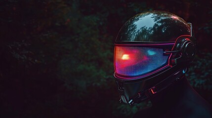 Futuristic Cyberpunk Helmet with LED Visor in Dark Forest