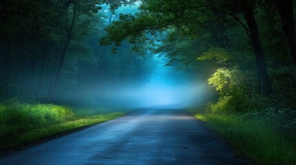 Fototapeta premium Misty forest road at dawn; sunlight through trees; peaceful scene; travel, nature background