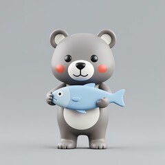 Obraz premium A gray bear holds blue fish.