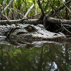 Fototapeta premium Crocodile Camouflaged in Dense Mangrove Swamp, Eyes Peering Through Tangled Roots