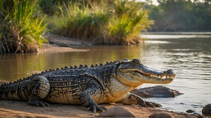 Obraz premium Crocodile and Its Young Basking Together on Riverbank, Peaceful Family Moment
