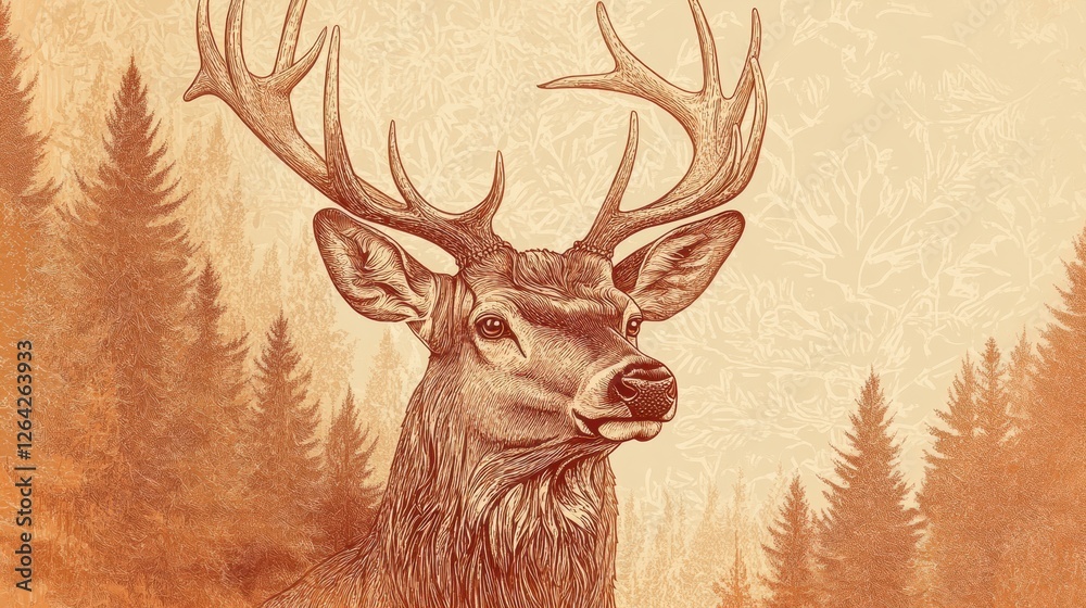 Fototapete intricate engraved portrait of a deer in sepia tones featuring detailed line work with room for cust