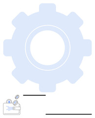 A gear overlaying a wallet with coins and security icons, symbolizing fintech. Ideal for digital transactions, process automation, data security, innovation, efficiency, blockchain, abstract line