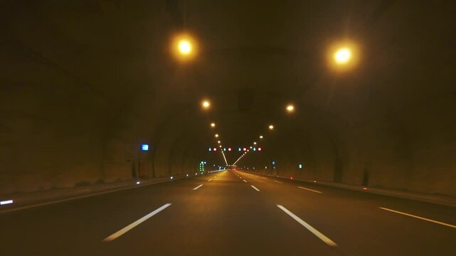 POV footage of driving in a highway tunnel in Istanbul, Turkey