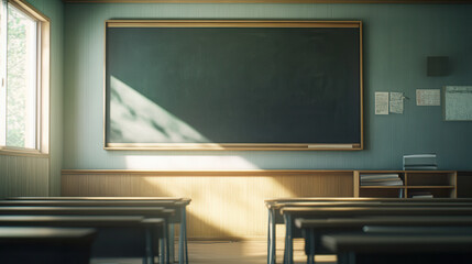 A simple, empty classroom with a blackboard