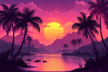 Obraz premium Vibrant sunset over tropical beach, palm trees silhouetted against the sky. Ideal for travel, vacation, or summer themed designs.