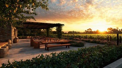 Obraz premium Outdoor Dining Area at Vineyard during Golden Hour with Scenic Landscape in Background