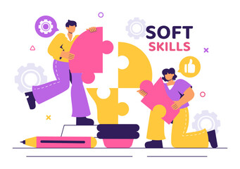 Vector Illustration of Office Workers Demonstrating Soft Skills such as Empathy, Communication, Idea Development, Teamwork, and Professional Growth