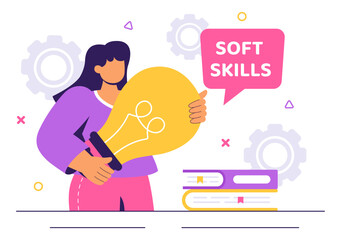 Vector Illustration of Office Workers Demonstrating Soft Skills such as Empathy, Communication, Idea Development, Teamwork, and Professional Growth