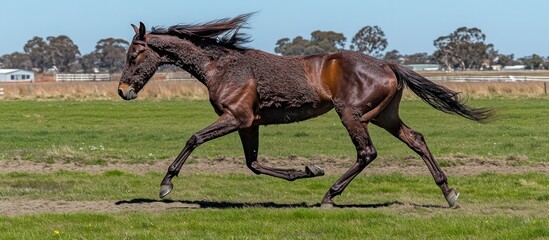Fototapeta premium Bay horse galloping pasture, rural background, equine motion