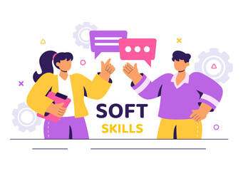 Vector Illustration of Office Workers Demonstrating Soft Skills such as Empathy, Communication, Idea Development, Teamwork, and Professional Growth