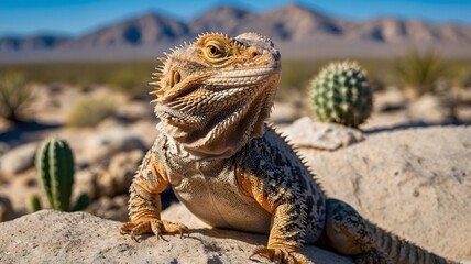 Fototapeta premium Desert Serenity: Bearded Dragon Sunbathing on Rock Amidst Cacti and Sand