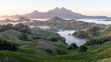 Fototapeta premium Serene Sunrise over Rolling Hills Vineyards and Misty Lake