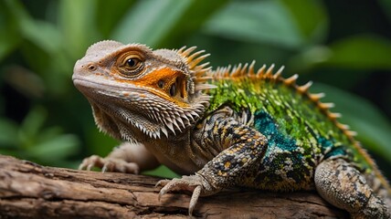 Fototapeta premium Serene Watch: Bearded Dragon on Log with Vibrant Greenery and Colorful Insects Nearby