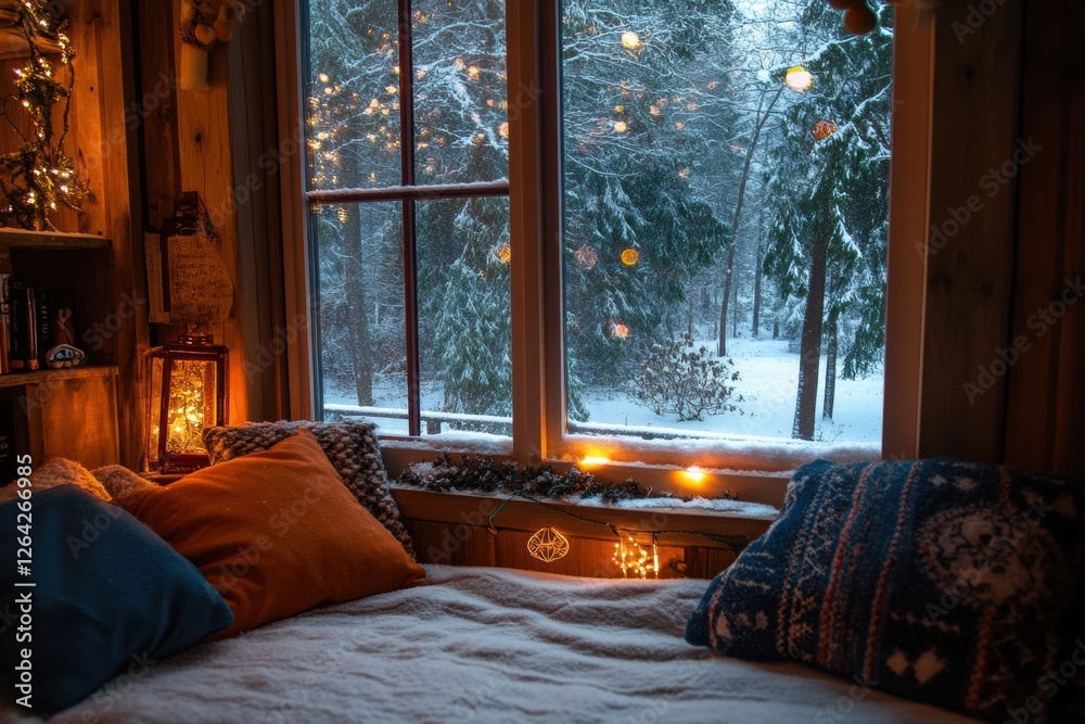 Poster Cozy winter retreat with a beautiful view of snow covered trees during a serene snowfall. Generative AI
