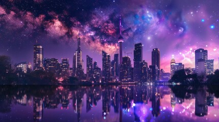 Fototapeta premium Vibrant City Skyline Under a Starry Night Sky Reflection