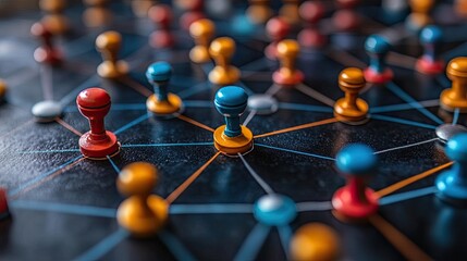 Colorful game pieces on a network board, symbolizing strategy and connection in play