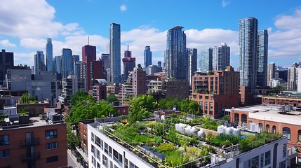 Obraz premium Urban Rooftop Garden with City Skyline in Background, Greenery and Modern Architecture