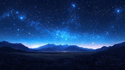 Starry night sky over majestic mountains with a serene valley illuminated by distant lights