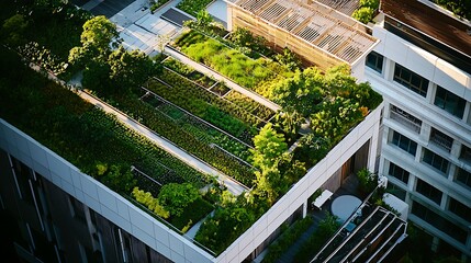 Lush Green Rooftop Garden with Sustainable Design and Urban Agriculture Features