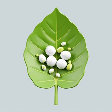 A green leaf with small white and yellow spheres.