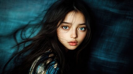 Fototapeta premium Girl's portrait, windswept hair, teal backdrop, studio, fashion