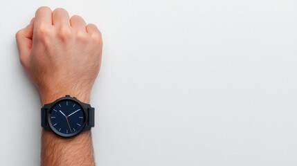 Fototapeta premium Stylish Black Watch on Male Wrist over Light Background, Modern Timepiece Displaying Elegance, Minimalism, and Sophisticated Design Features