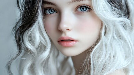 Obraz premium Young Woman with Bleached Hair and Expressive Blue Eyes on Light Background