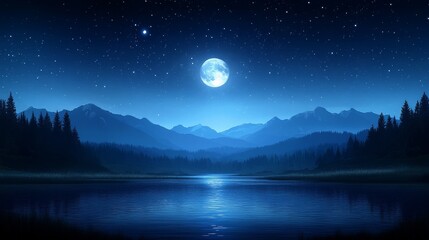 Naklejka premium Mystical Moonlight Reflecting Over Serene Lake Waters and Majestic Silhouetted Mountain Ridges Under a Starry Dark Blue Night Sky Landscape