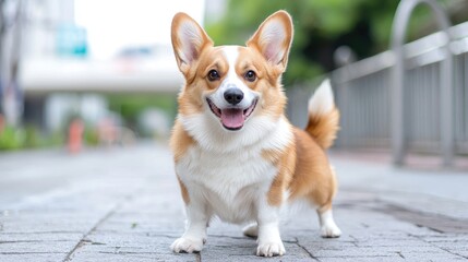 Happy corgi dog on city street, blurred background, pet portrait