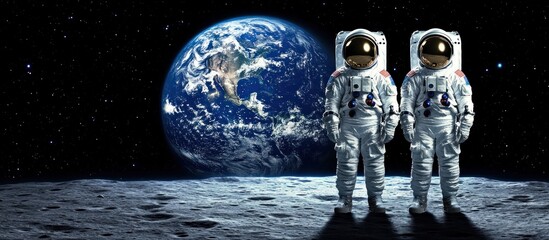 Obraz premium Astronauts on Moon, Earthrise backdrop, space exploration