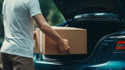 Person Loading Cardboard Box into Car Trunk Outdoors