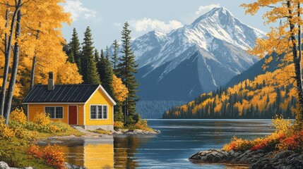 Fototapeta premium Cabin Retreat In The Wilderness Majestic Mountain Lake Scene Tranquil Autumnal Landscape Reflective Waters Serene Nature Escape