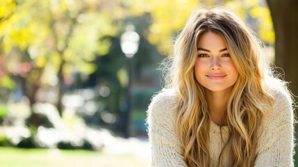 Obraz premium Beautiful young woman with long hair smiling in a sunny park surrounded by trees and autumn colors, wearing a cozy sweater during daytime.