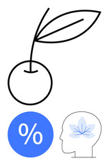 Cherry with stem and leaves, human head profile with flower, and blue percentage symbol. Ideal for finance, education, nature, growth, wellness simplicity mindfulness concepts. Abstract line flat