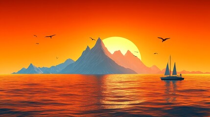 Fototapeta premium Nautical Pixel Art Landscape Featuring a Sailboat on the Ocean at Sunset with Distant Mountains and Birds in a Retro Style