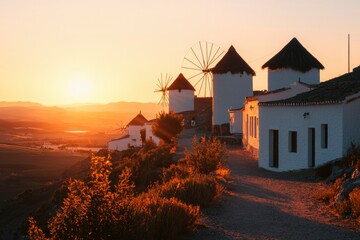 Windmills stand silhouetted on hill at sunset in Spain, travel/tourism